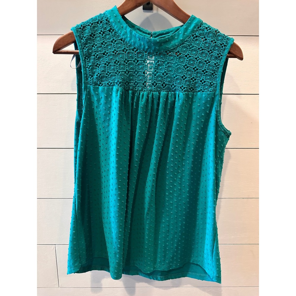 Daniel Rainn Teal Green Crochet Lace Clip Dot Sleeveless Blouse Top Medium